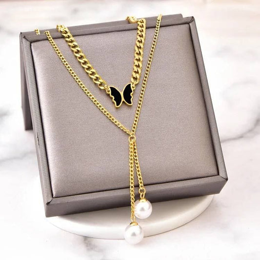 beautiful double layer butterfly and pearls Necklace