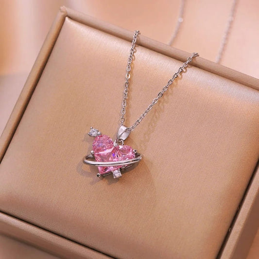 Beautiful Saturn Pink Heart Necklace